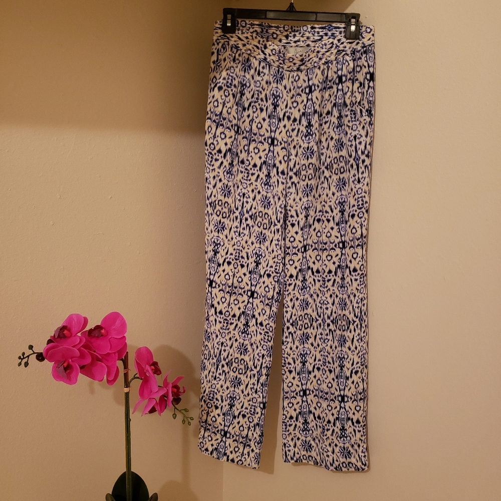Joie 100% Silk Blue Beige Pants Pockets Vacation sz S
